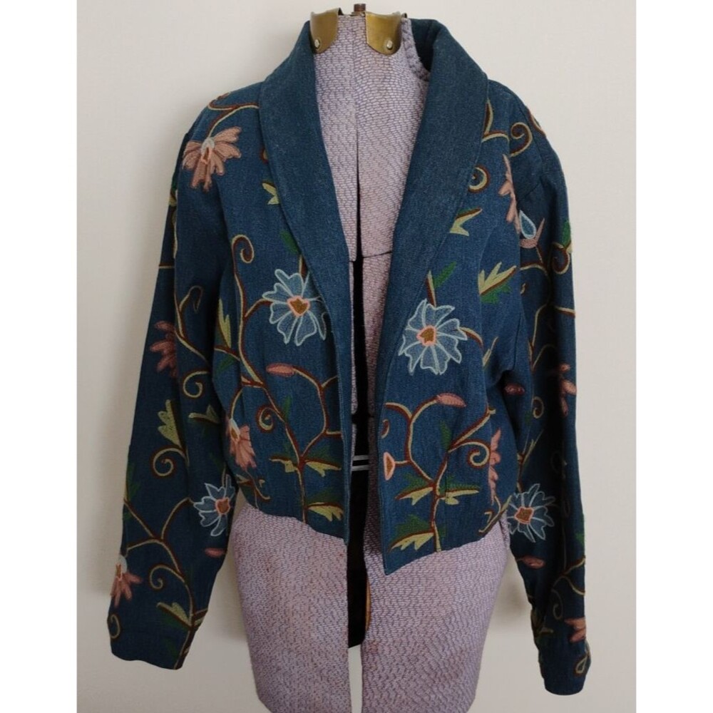 Vtg New Identity Crop Jacket Embroidered Floral Denim Boho Western Cottagecore L